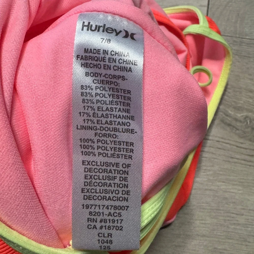 Hurley Girls Pink Orange Ribbed One Piece‎ Swimsuit Cutout UPF 50+ Size 7/8 M